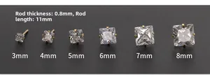 Detalle de pendientes de circonita cuadrada dorada con tamaños de 3mm a 8mm