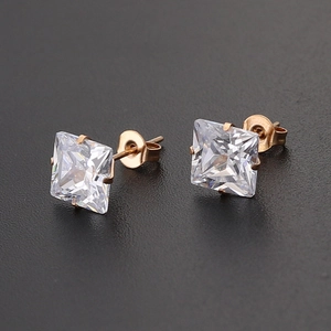 Pendientes de Botón de Acero Inoxidable Cuadrados Corte Princesa AAA Zirconia Cúbica Cuatro Garras Joyas Para Mujer
