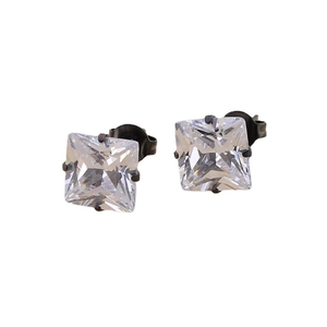 Pendientes de acero inoxidable negro con circonita cuadrada blanca y cuatro garras