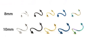 Comparaison d'anneaux de piercing en S en acier de 8mm et 10mm avec cinq coloris