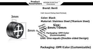 Tabla de tallas de pendientes magnéticos negros con diseño de cruz de acero inoxidable