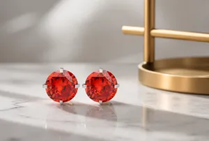 Detailweergave van rode AAA zirkoon oorknopjes met zilverkleurige vierklauwzetting