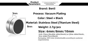 Technical diagram of black magnetic stud earrings in stainless steel with size dimensions