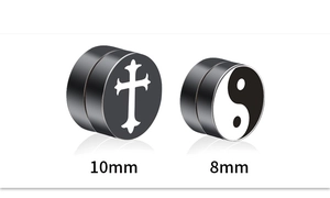 Detalle de patrones Tai Chi de 8mm y cruz de 10mm en pendientes magnéticos de acero negro