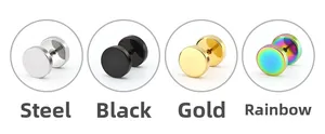 Dettaglio orecchini a bilanciere rotondi nei colori acciaio, nero, oro e arcobaleno
