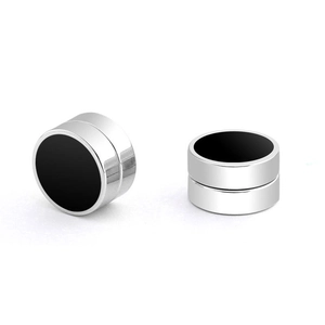 Polished silver magnetic stud earrings with black round drip oil inlay for non-pierced ears