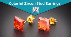 Vista macro de pendientes de circonita cuadrada naranja de 8 mm con engaste dorado