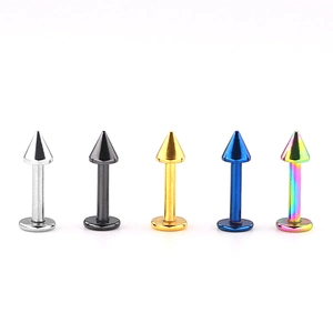 Polished stainless steel cone lip studs in silver, black, gold, blue, and rainbow colors