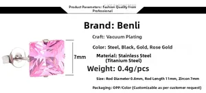 Spécifications des boucles d'oreilles carrées en zircon rose de 7 mm en acier titane