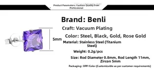 Vue détaillée du clou d'oreille en zircon violet carré avec ses spécifications techniques