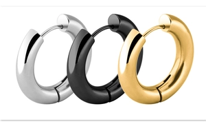 Detailed close-up showing three polished hoop earrings in silver, gold, and black finishes