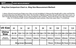 Detailed sizing chart and hand measurement guide for titanium steel rings with US and CN sizes