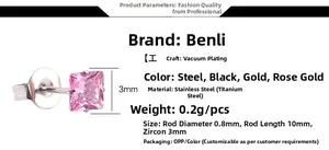 Détail du clou d'oreille carré en zircon rose 3mm avec spécifications en acier inoxydable
