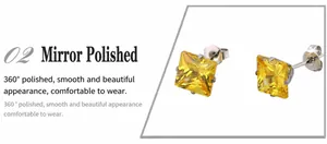 Détail de boucles d'oreilles carrées en zircon jaune avec monture en acier argenté