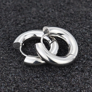 Polished silver stainless steel thick hoop earrings with secure huggie clasp closure