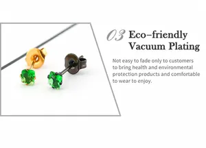Détail de boucles d'oreilles carrées en zircon vert avec placage sous vide or et noir fusil