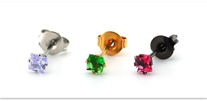Set de trois paires de boucles d'oreilles carrées en zircon en acier de trois couleurs