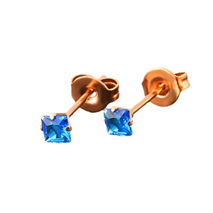 Boucles d'oreilles carrées en zircon bleu et acier inoxydable rose doré avec fermoirs