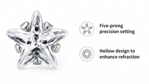 Détail de la monture creuse à cinq griffes avec zircon en étoile sur clou en acier
