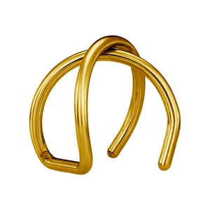 Vue détaillée de la boucle d'oreille double anneau doré au design croisé poli