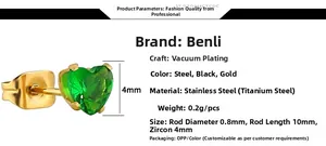 Détail macro du clou d'oreille cœur en zircon vert 4mm avec tige en acier titane