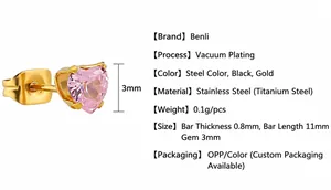 Vue macro de la boucle d'oreille cœur 3mm en acier titane avec spécifications de taille