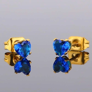 Boucles d'oreilles cœur en zircon bleu et acier inoxydable doré de 3 mm