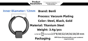 Detail view of 12mm black titanium steel hoop earring with cube charm and size options