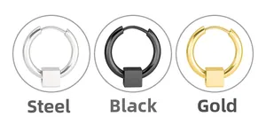 Minimalist round steel hoop earrings for men with square charms in silver, black, and gold