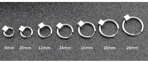 Detailed size comparison of silver stainless steel hoop earrings from 8mm to 20mm