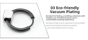Detail of vacuum plated stainless steel hoop earring with silver cube pendant charm