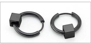 Macro detail of black titanium hoop earrings with sliding square beads and polished finish
