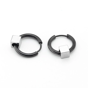 Men's black stainless steel hoop earrings with a polished silver square bead charm