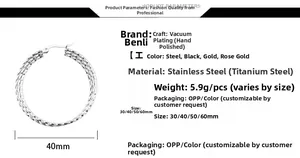 Detailed spec sheet showing oversized stainless steel hoop earrings in 40mm diameter size