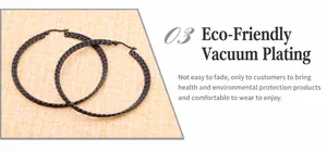 Detailed macro view of large black titanium steel hoop earrings with woven texture