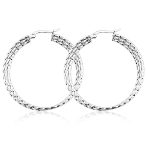 Polished silver titanium steel hoop earrings with twisted spiral texture and clip closure