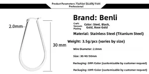 Detail view of oval stainless steel hoop earrings with 2.0mm thickness and size parameters