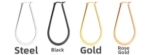 Detail view of teardrop oval earrings in steel, black, gold, and rose gold finishes