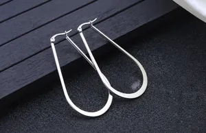 Detailed macro view of large oval polished silver earrings with secure needle clasps