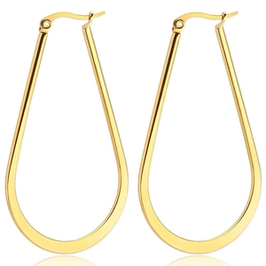 Polished gold-tone oval teardrop hoop earrings in high-gloss stainless steel