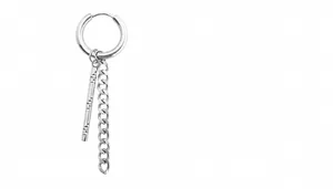 Close-up of punk style stainless steel earring with silver chain and engraved bar detail