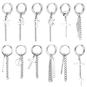 Boucles d'Oreilles Anneaux Punk en Acier Inoxydable Avec Croix Étoile Crâne Pendentif Chaîne Pour Hommes Femmes