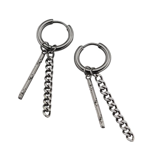 Pendientes punk de acero inoxidable negro con cadena larga y colgante de barra para hombre