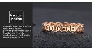 Detailed close-up of rose gold hollow coin ring featuring vacuum plating technology