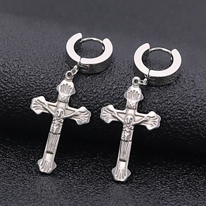 Pendientes de aro en acero inoxidable con colgante de cruz de crucifijo gótico plata