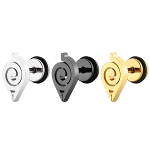 Three pairs of stainless steel stud earrings with Naruto Konoha symbol in silver black and gold