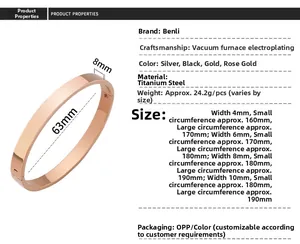 Size chart for titanium steel bangles showing widths 4-10mm and inner diameters