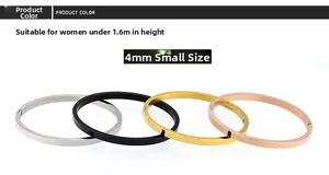 Detail view of 4mm polished stainless steel open bangles in silver, gold, and black colors