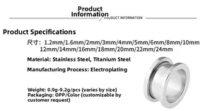 Size chart for silver titanium steel ear tunnels showing gauges from 1.2mm to 24mm