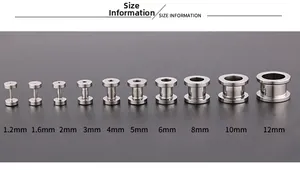 Size information for stainless steel ear tunnels ranging from 1.2mm to 12mm diameter